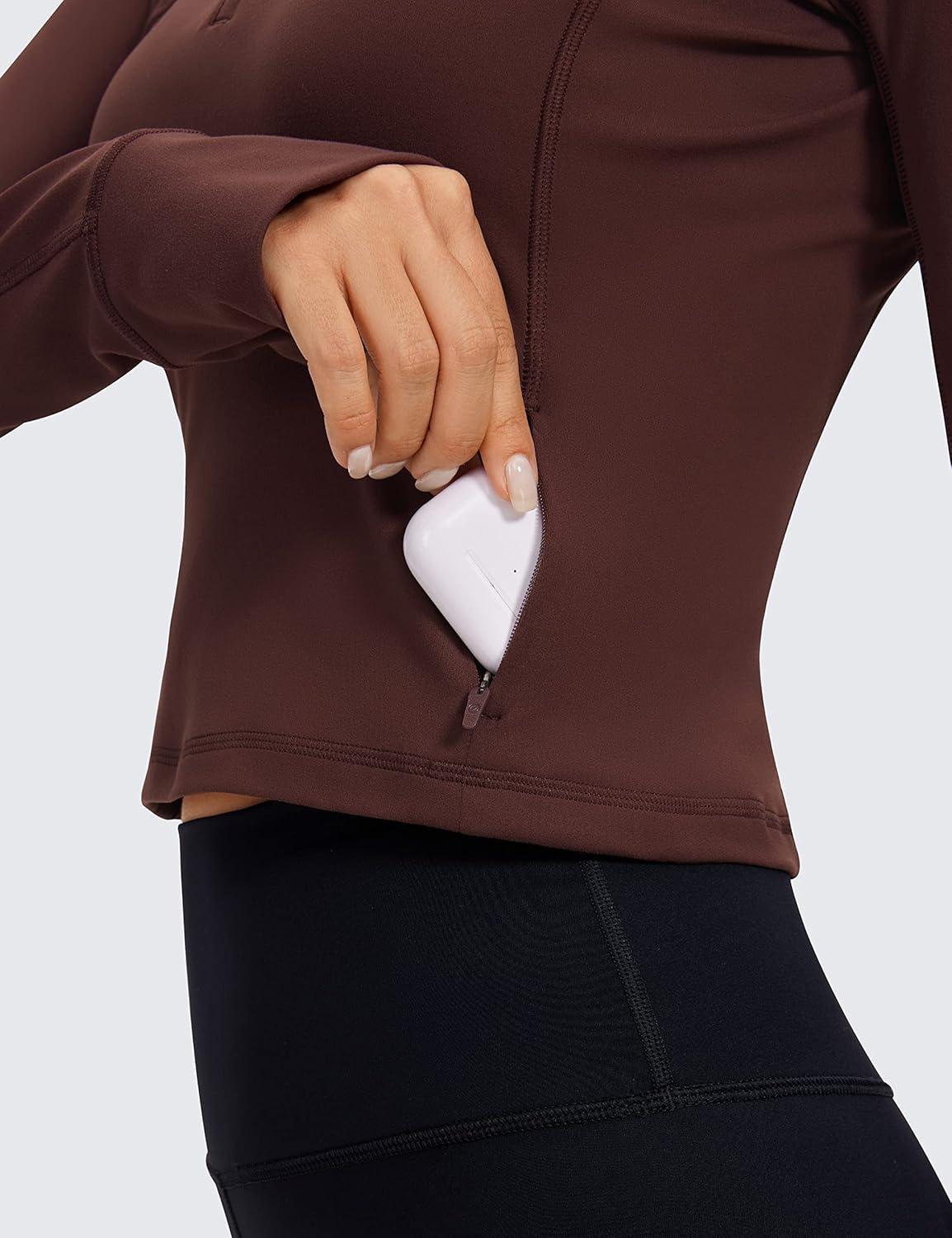 imageCRZ YOGA Butterluxe Half Zip Long Sleeve Shirts for Women Workout Athletic Yoga Tops Crop Collared Quarter Zipper TShirtTaupe