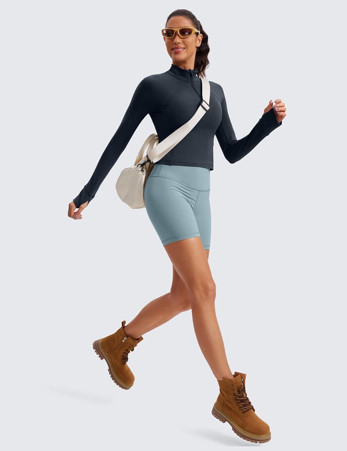 imageCRZ YOGA Butterluxe Half Zip Long Sleeve Shirts for Women Workout Athletic Yoga Tops Crop Collared Quarter Zipper TShirtTrue Navy