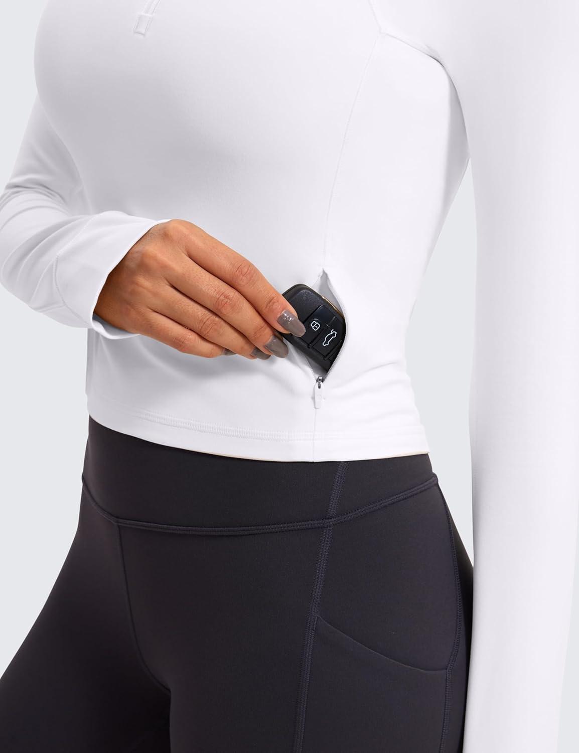 imageCRZ YOGA Butterluxe Half Zip Long Sleeve Shirts for Women Workout Athletic Yoga Tops Crop Collared Quarter Zipper TShirtWhite