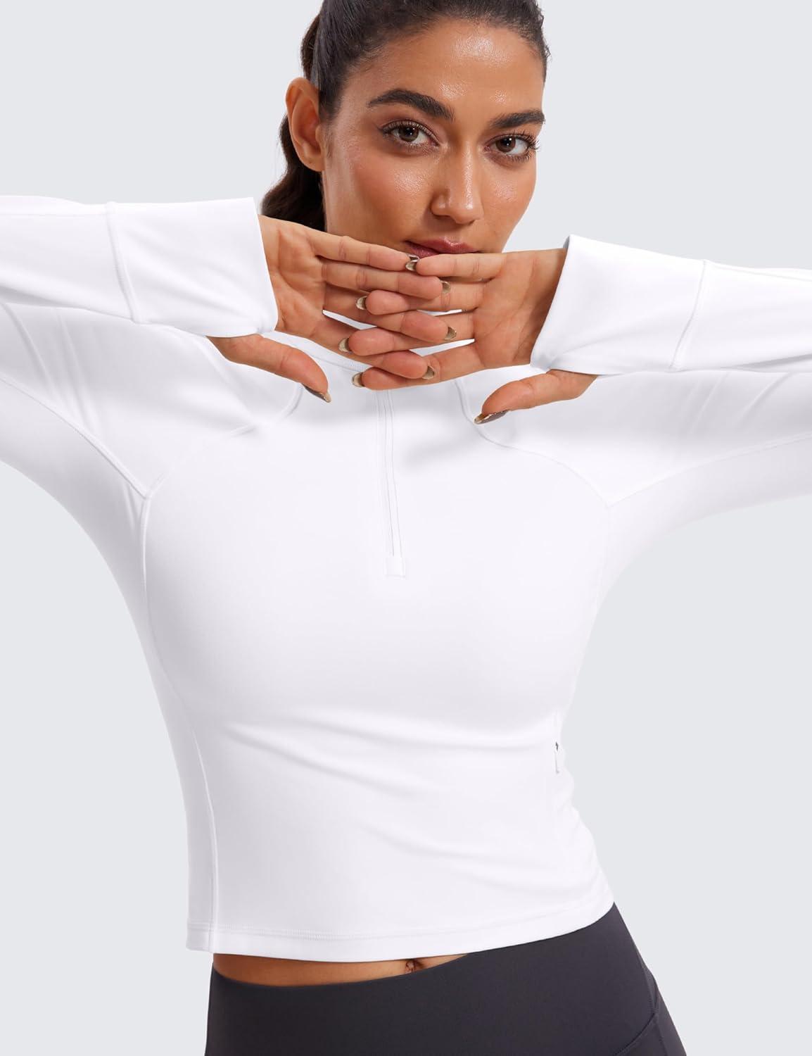 imageCRZ YOGA Butterluxe Half Zip Long Sleeve Shirts for Women Workout Athletic Yoga Tops Crop Collared Quarter Zipper TShirtWhite