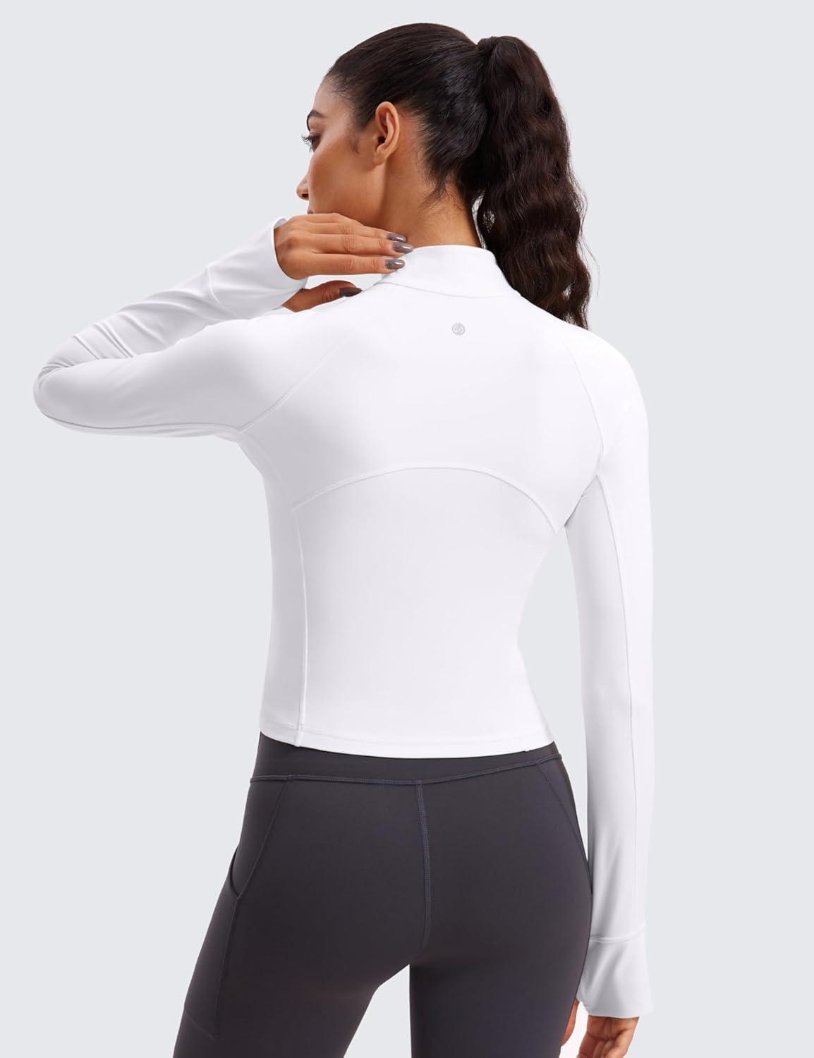 imageCRZ YOGA Butterluxe Half Zip Long Sleeve Shirts for Women Workout Athletic Yoga Tops Crop Collared Quarter Zipper TShirtWhite
