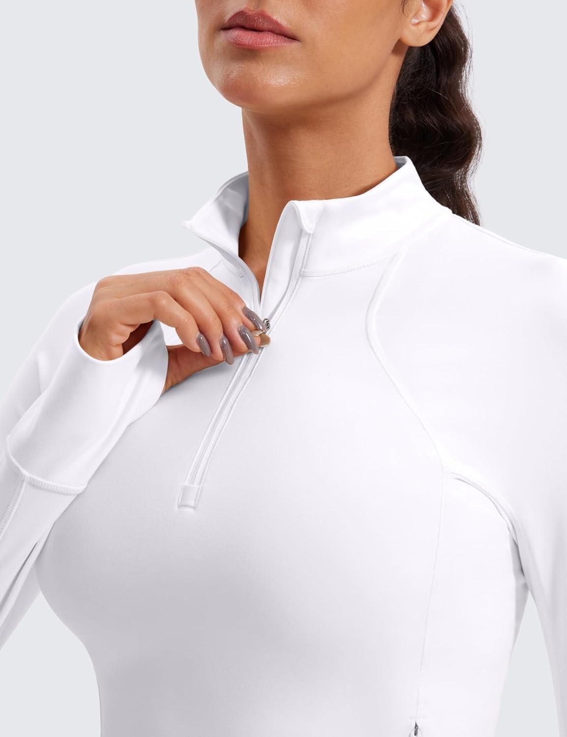 imageCRZ YOGA Butterluxe Half Zip Long Sleeve Shirts for Women Workout Athletic Yoga Tops Crop Collared Quarter Zipper TShirtWhite