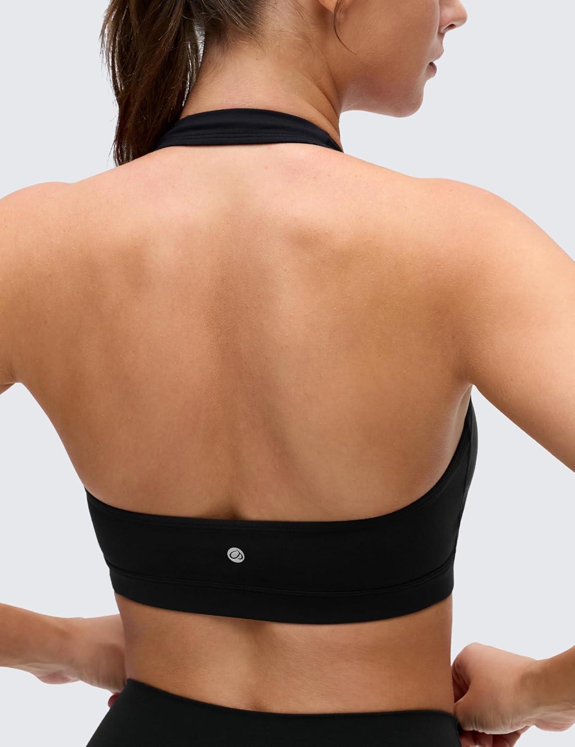 imageCRZ YOGA Butterluxe Halter Sports Bras for Women Scoop Neck Padded Open Back Yoga Crop Gym Tops Low ImpactBlack