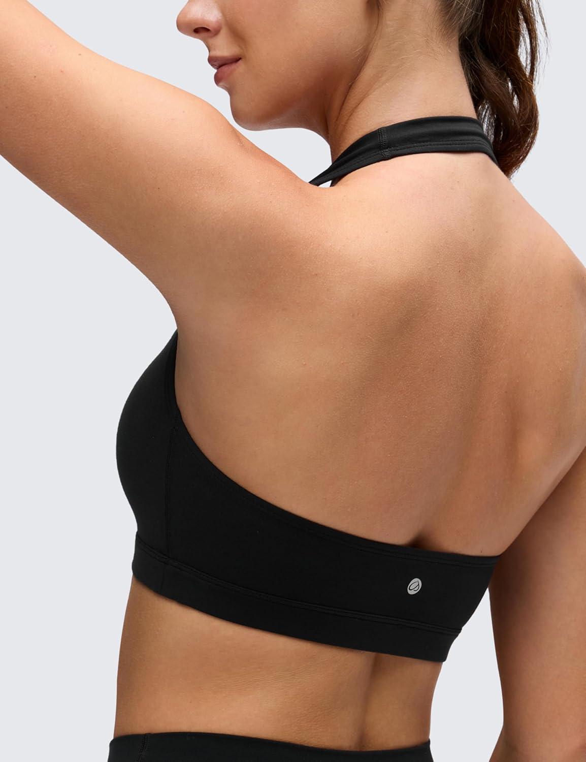 imageCRZ YOGA Butterluxe Halter Sports Bras for Women Scoop Neck Padded Open Back Yoga Crop Gym Tops Low ImpactBlack