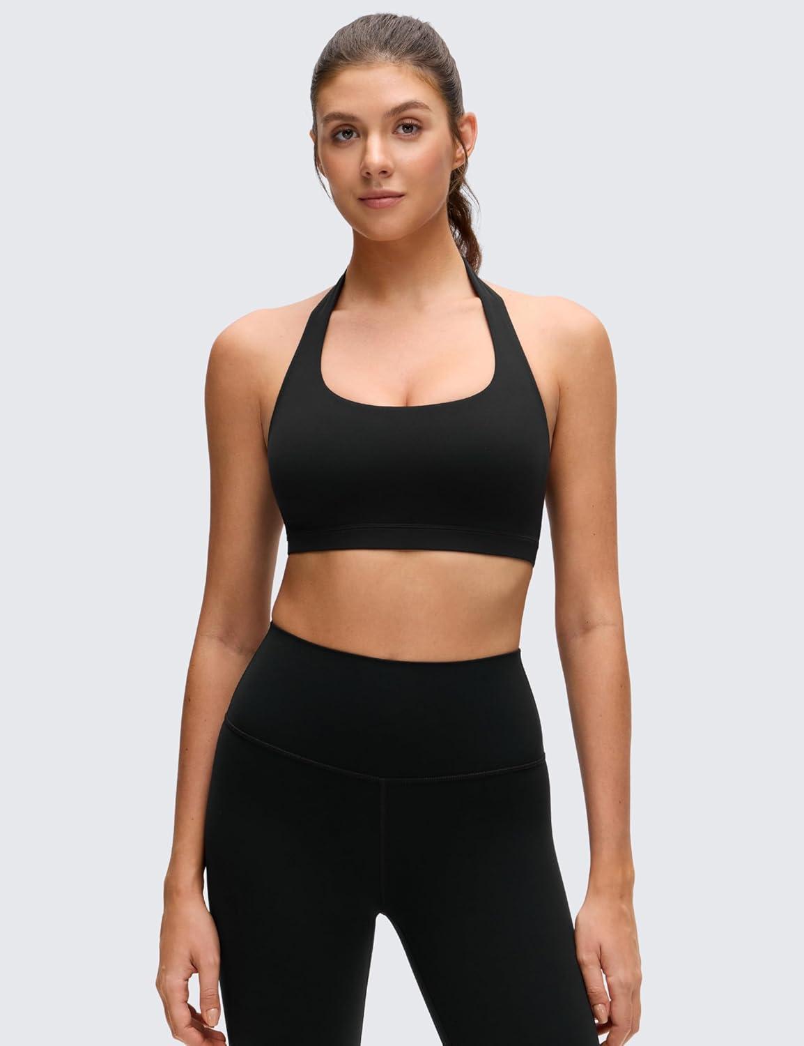 imageCRZ YOGA Butterluxe Halter Sports Bras for Women Scoop Neck Padded Open Back Yoga Crop Gym Tops Low ImpactBlack