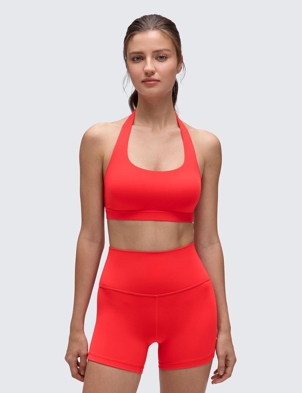 imageCRZ YOGA Butterluxe Halter Sports Bras for Women Scoop Neck Padded Open Back Yoga Crop Gym Tops Low ImpactDeep Red
