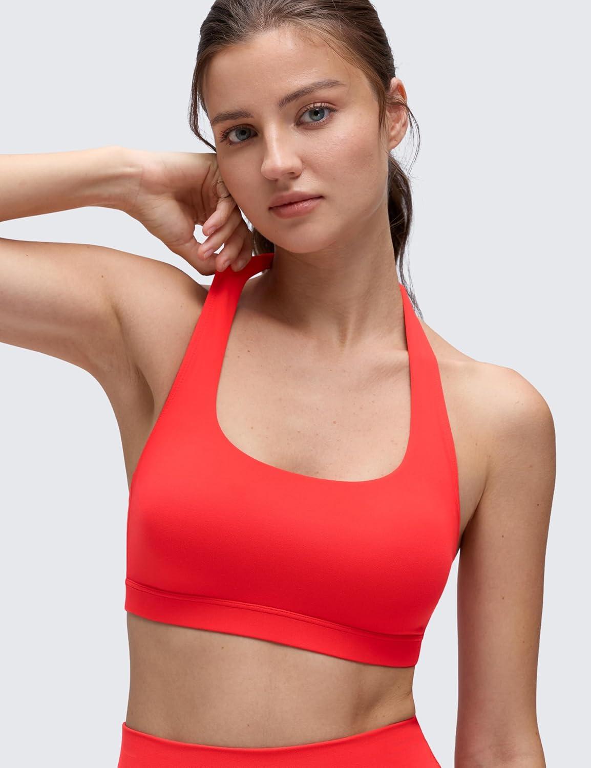 imageCRZ YOGA Butterluxe Halter Sports Bras for Women Scoop Neck Padded Open Back Yoga Crop Gym Tops Low ImpactDeep Red