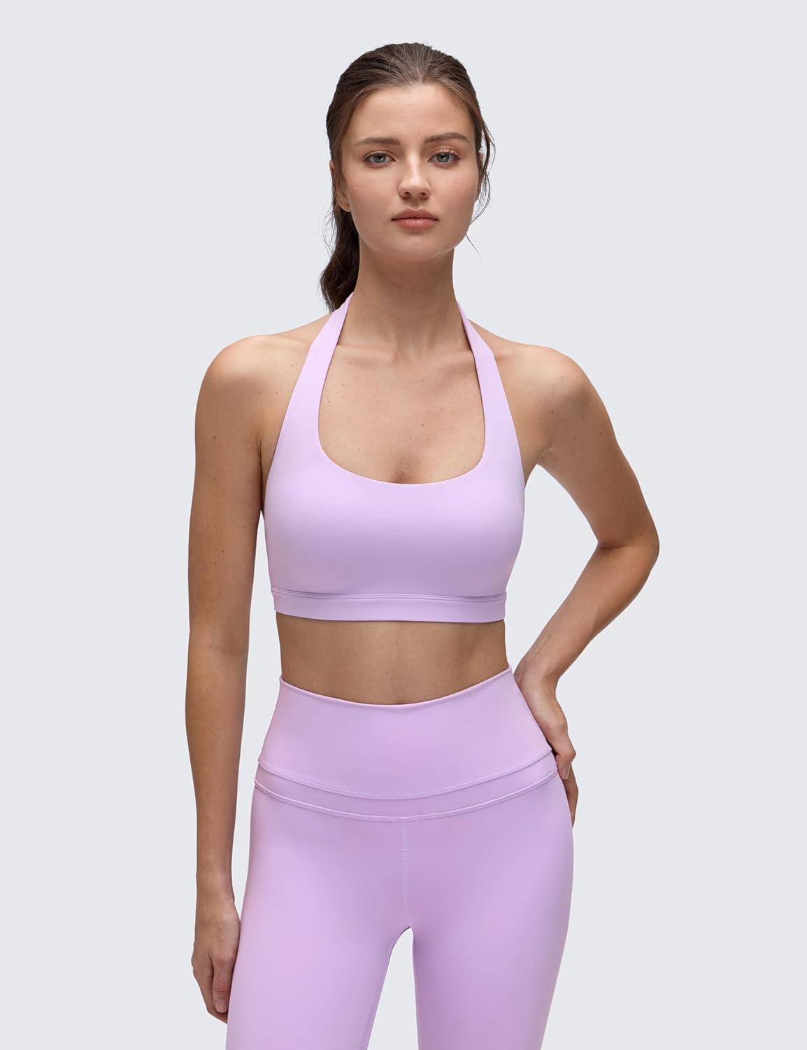 imageCRZ YOGA Butterluxe Halter Sports Bras for Women Scoop Neck Padded Open Back Yoga Crop Gym Tops Low ImpactElfin Purple