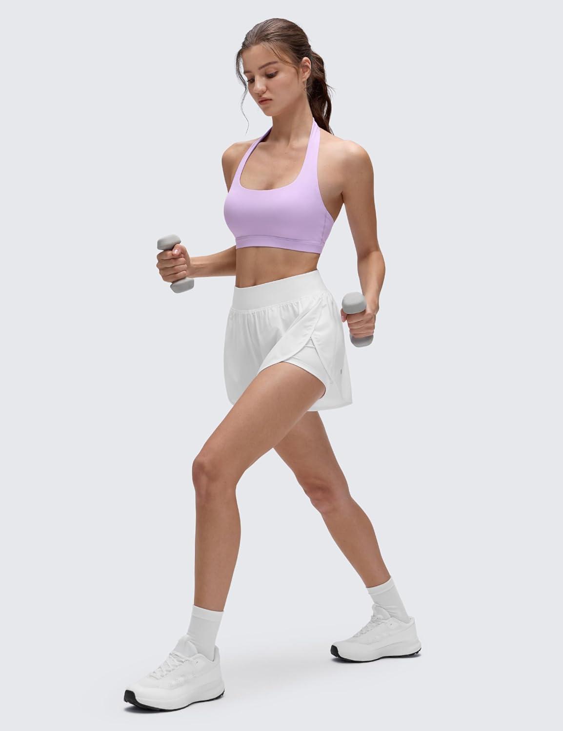 imageCRZ YOGA Butterluxe Halter Sports Bras for Women Scoop Neck Padded Open Back Yoga Crop Gym Tops Low ImpactElfin Purple