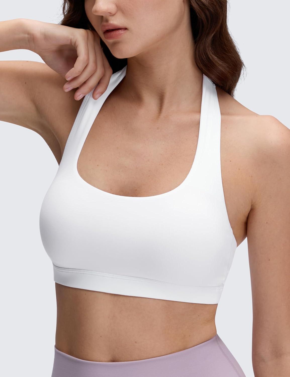 imageCRZ YOGA Butterluxe Halter Sports Bras for Women Scoop Neck Padded Open Back Yoga Crop Gym Tops Low ImpactWhite