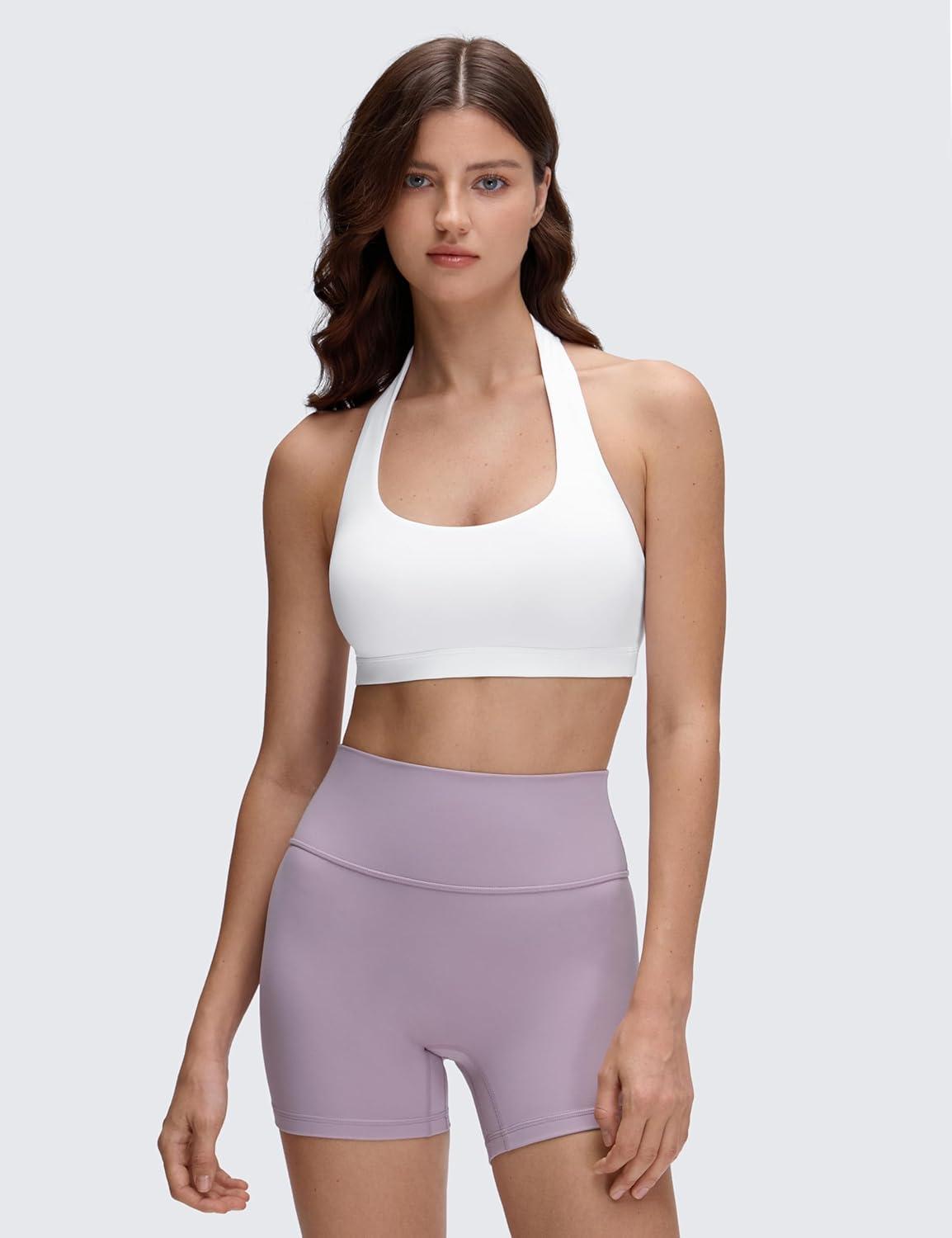 imageCRZ YOGA Butterluxe Halter Sports Bras for Women Scoop Neck Padded Open Back Yoga Crop Gym Tops Low ImpactWhite