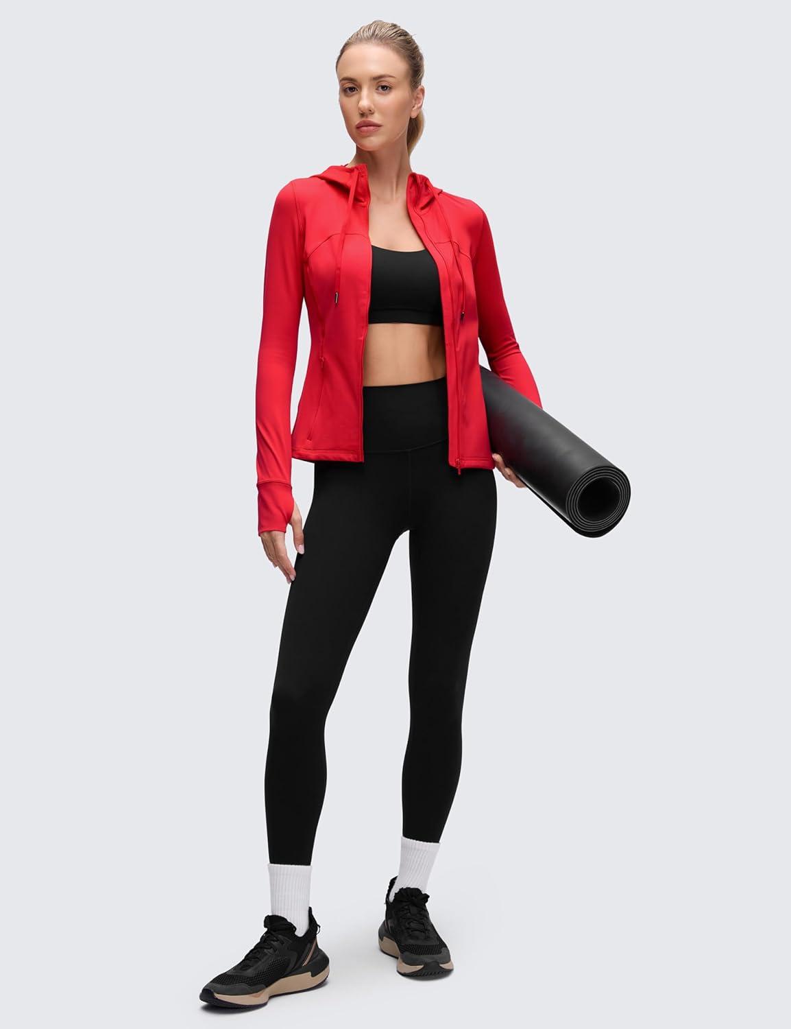 imageCRZ YOGA Butterluxe Hooded Athletic Jackets for Women Full Zip Track Casual Tops with Thumb Holes PocketsAurora Red