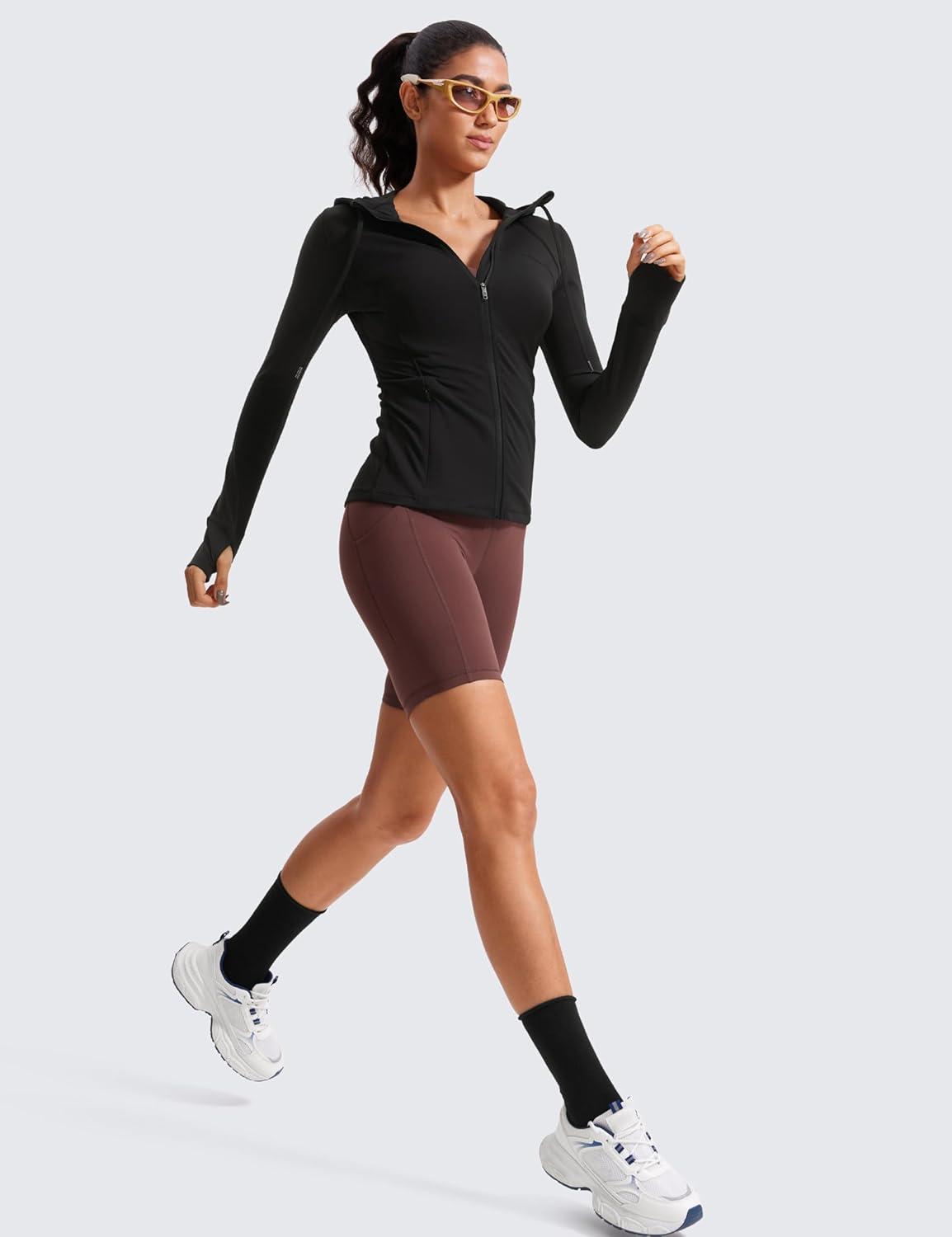 imageCRZ YOGA Butterluxe Hooded Athletic Jackets for Women Full Zip Track Casual Tops with Thumb Holes PocketsBlack