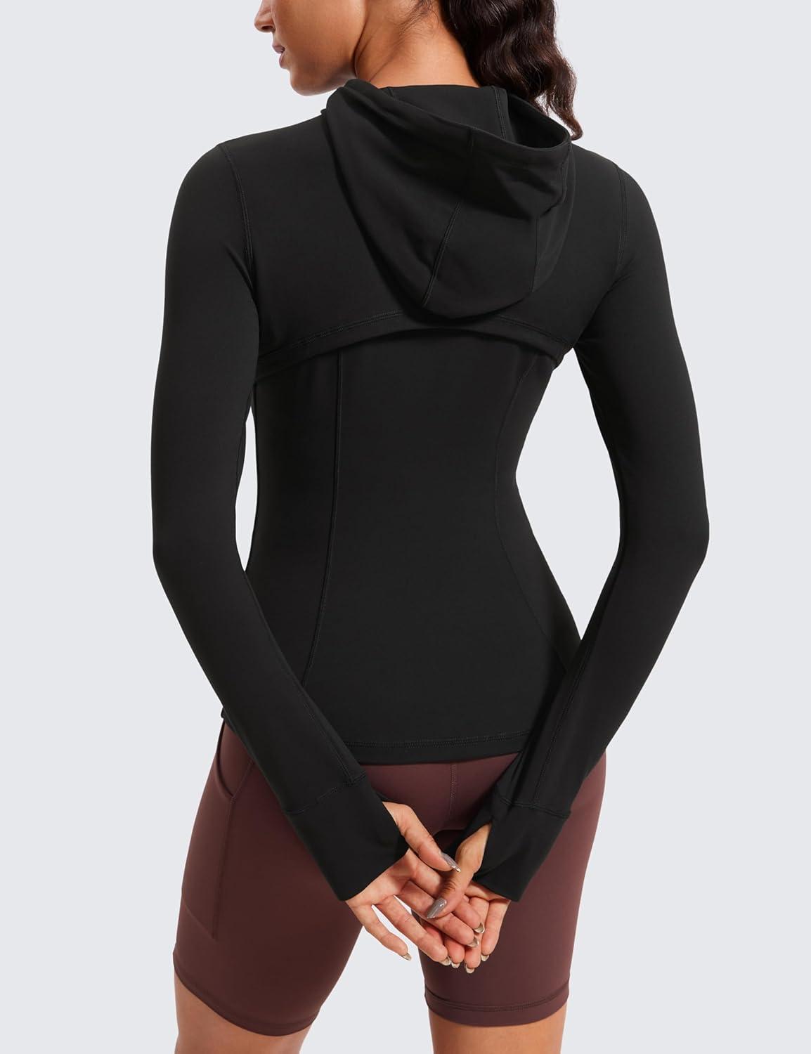 imageCRZ YOGA Butterluxe Hooded Athletic Jackets for Women Full Zip Track Casual Tops with Thumb Holes PocketsBlack