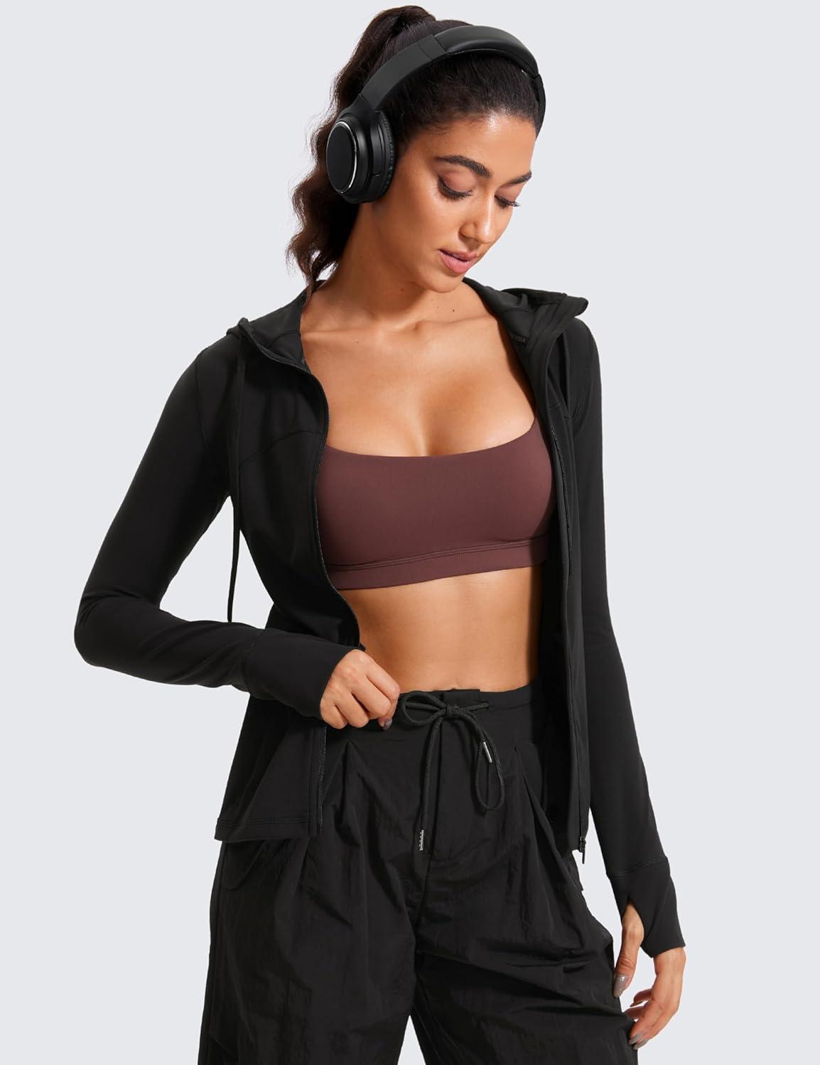 imageCRZ YOGA Butterluxe Hooded Athletic Jackets for Women Full Zip Track Casual Tops with Thumb Holes PocketsBlack