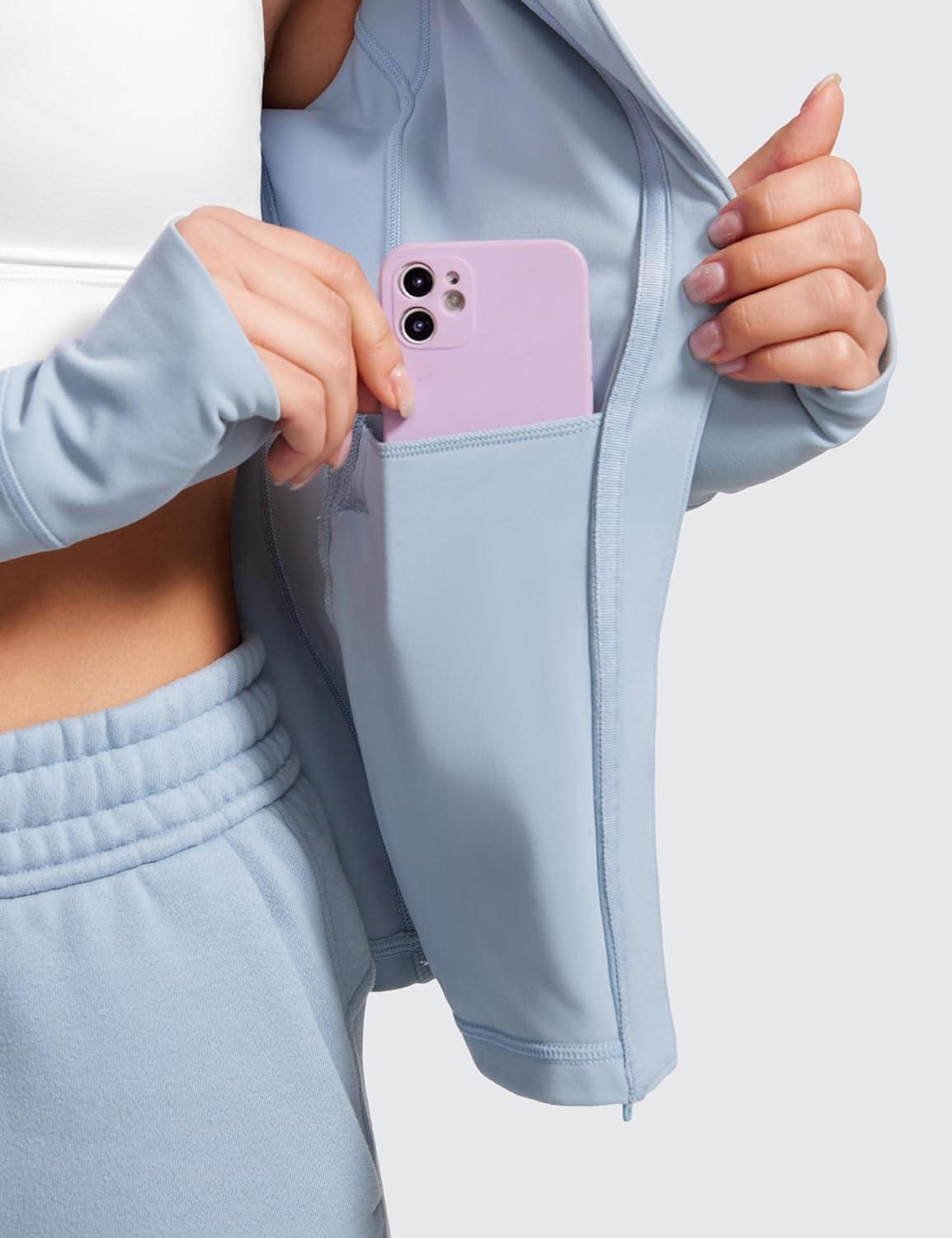 imageCRZ YOGA Butterluxe Hooded Athletic Jackets for Women Full Zip Track Casual Tops with Thumb Holes PocketsCambric Blue