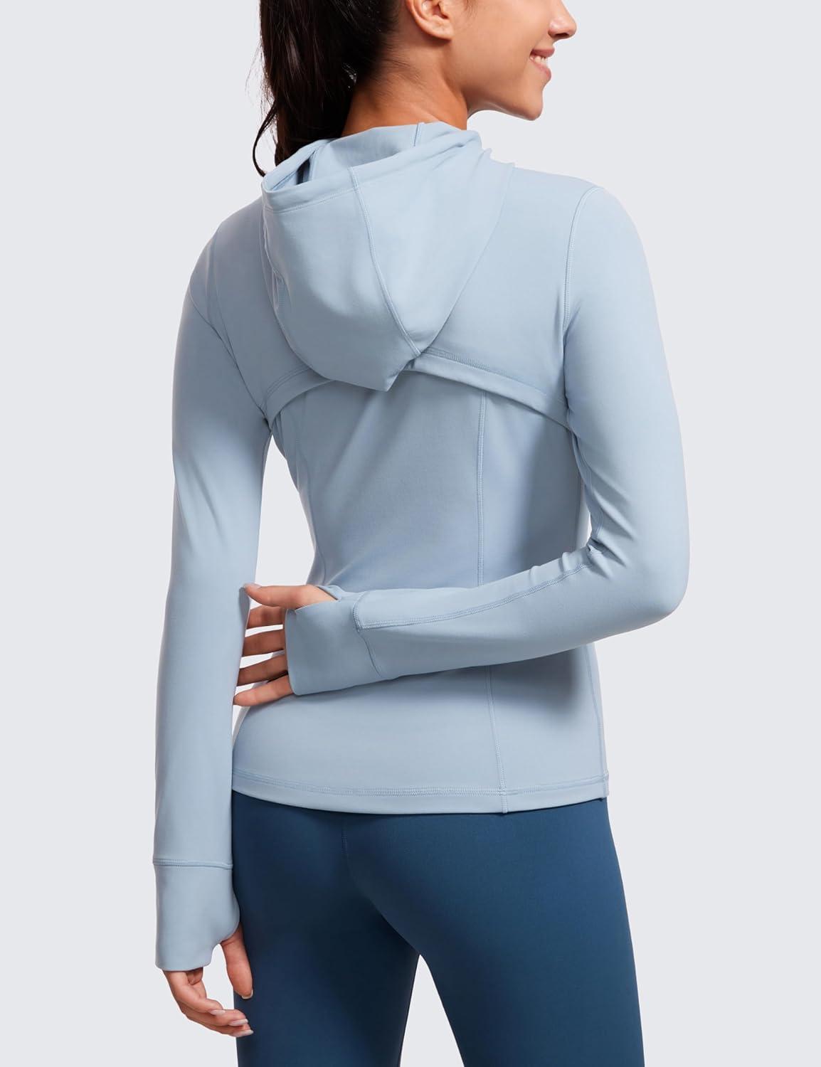 imageCRZ YOGA Butterluxe Hooded Athletic Jackets for Women Full Zip Track Casual Tops with Thumb Holes PocketsCambric Blue