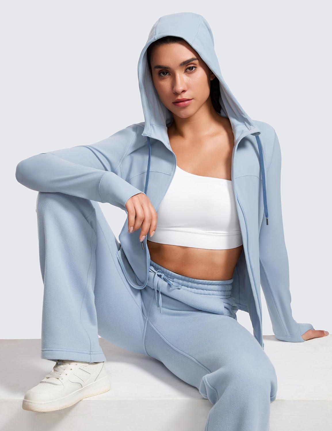 imageCRZ YOGA Butterluxe Hooded Athletic Jackets for Women Full Zip Track Casual Tops with Thumb Holes PocketsCambric Blue