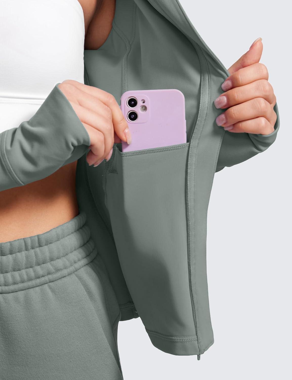 imageCRZ YOGA Butterluxe Hooded Athletic Jackets for Women Full Zip Track Casual Tops with Thumb Holes PocketsGrey Sage