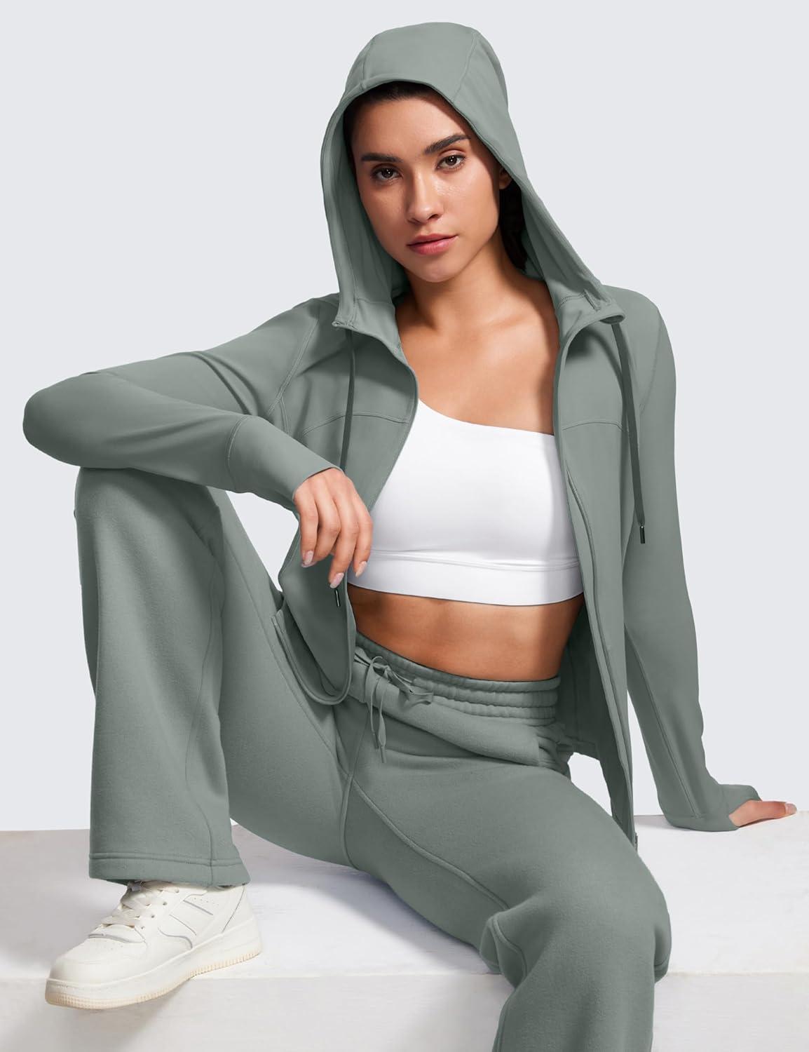 imageCRZ YOGA Butterluxe Hooded Athletic Jackets for Women Full Zip Track Casual Tops with Thumb Holes PocketsGrey Sage