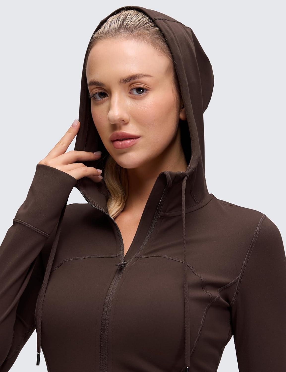 imageCRZ YOGA Butterluxe Hooded Athletic Jackets for Women Full Zip Track Casual Tops with Thumb Holes PocketsHot Fudge Brown