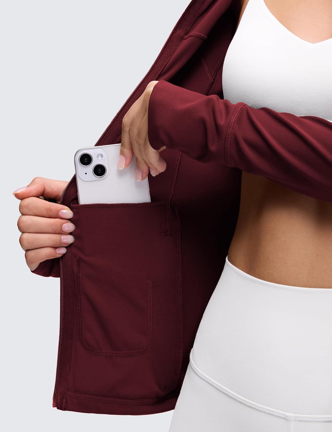 imageCRZ YOGA Butterluxe Hooded Athletic Jackets for Women Full Zip Track Casual Tops with Thumb Holes PocketsRed Merlot
