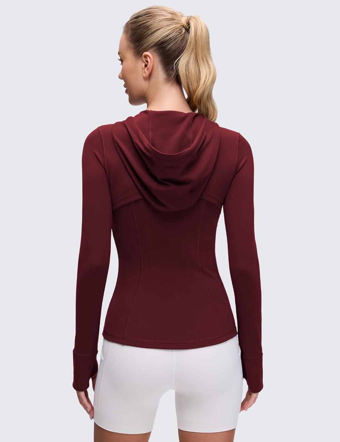 imageCRZ YOGA Butterluxe Hooded Athletic Jackets for Women Full Zip Track Casual Tops with Thumb Holes PocketsRed Merlot