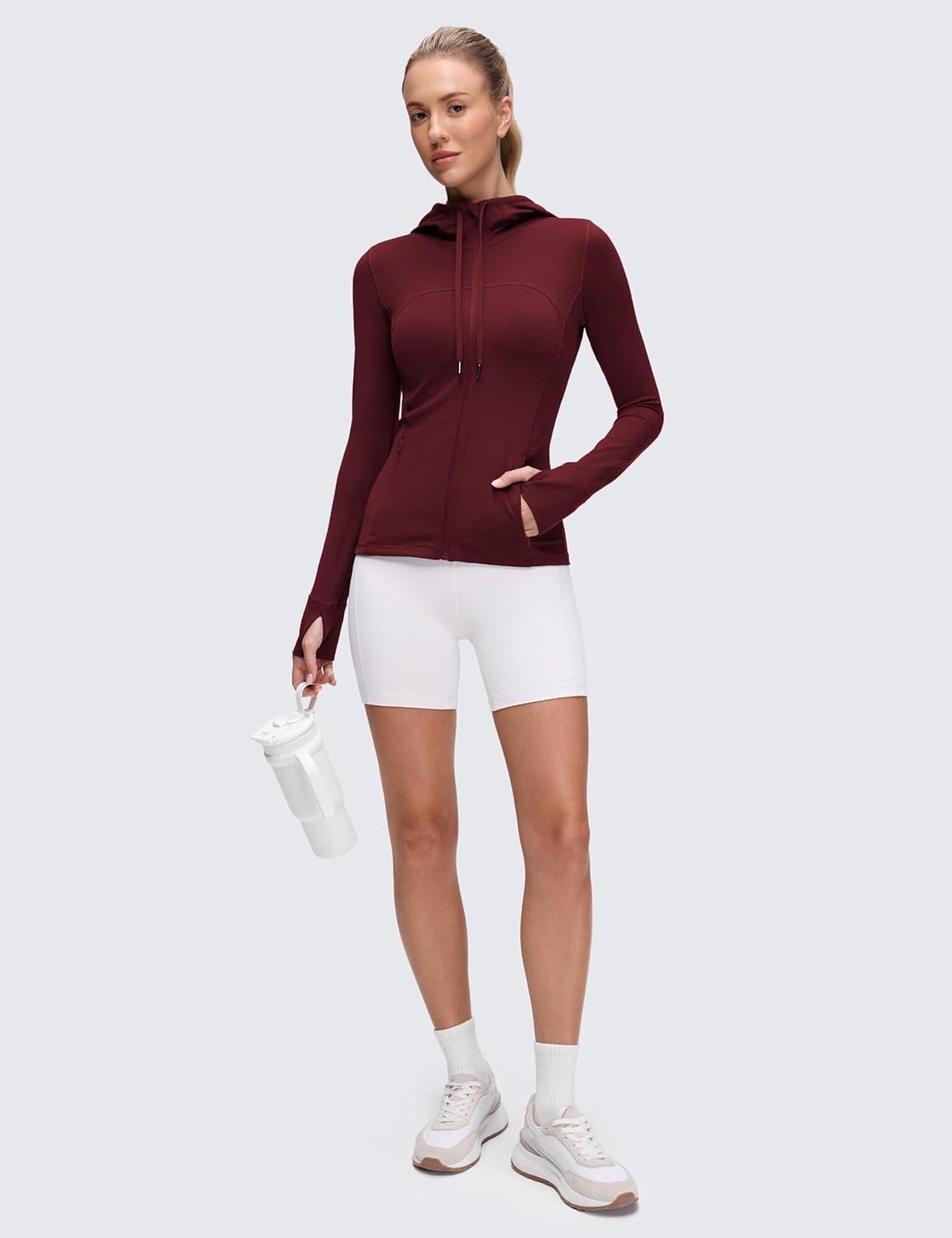 imageCRZ YOGA Butterluxe Hooded Athletic Jackets for Women Full Zip Track Casual Tops with Thumb Holes PocketsRed Merlot