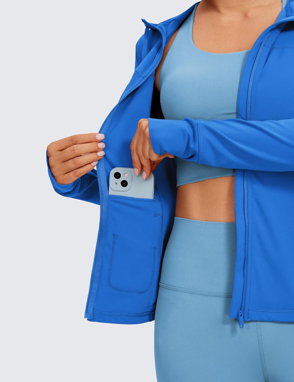 imageCRZ YOGA Butterluxe Hooded Athletic Jackets for Women Full Zip Track Casual Tops with Thumb Holes PocketsSparkle Blue