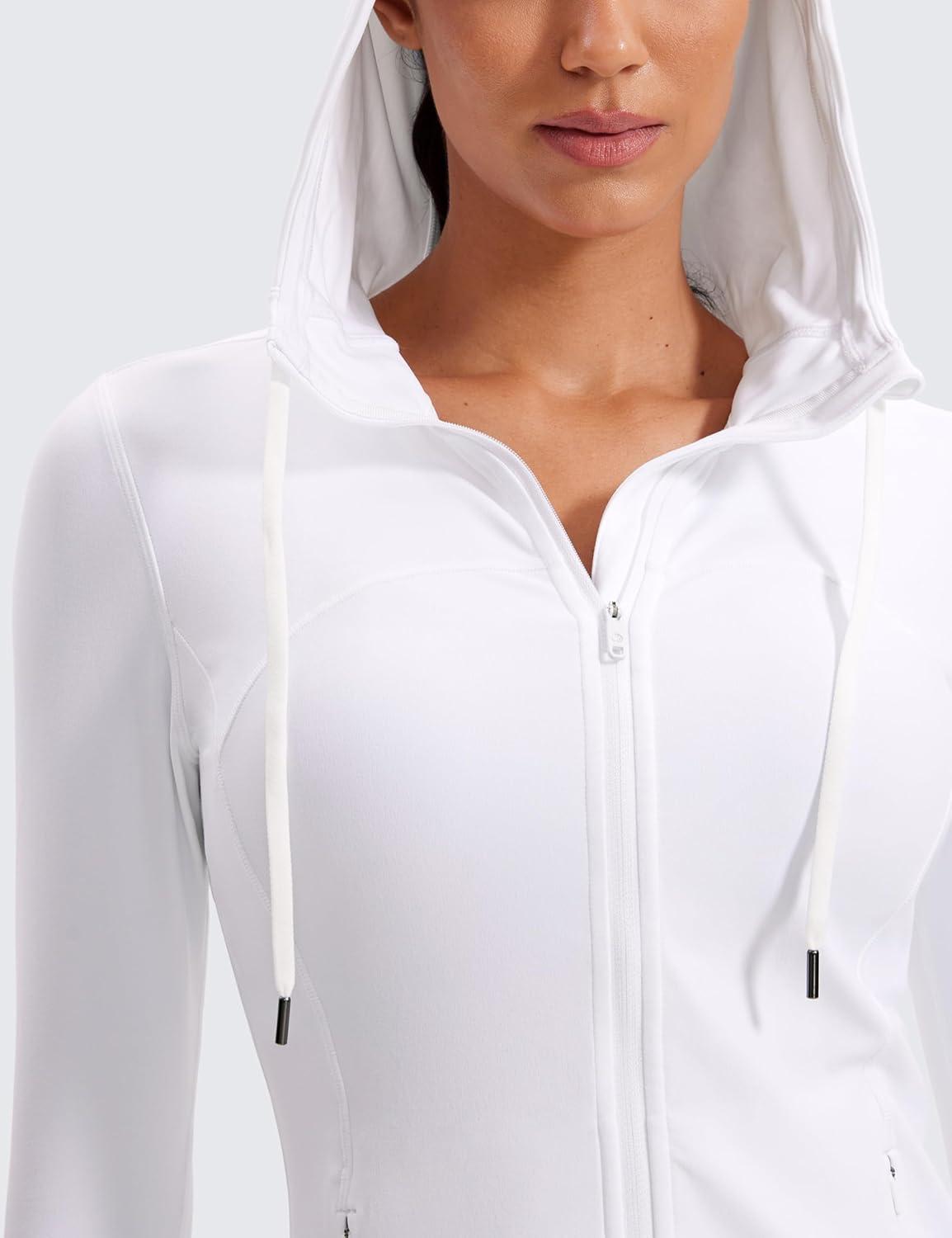imageCRZ YOGA Butterluxe Hooded Athletic Jackets for Women Full Zip Track Casual Tops with Thumb Holes PocketsWhite