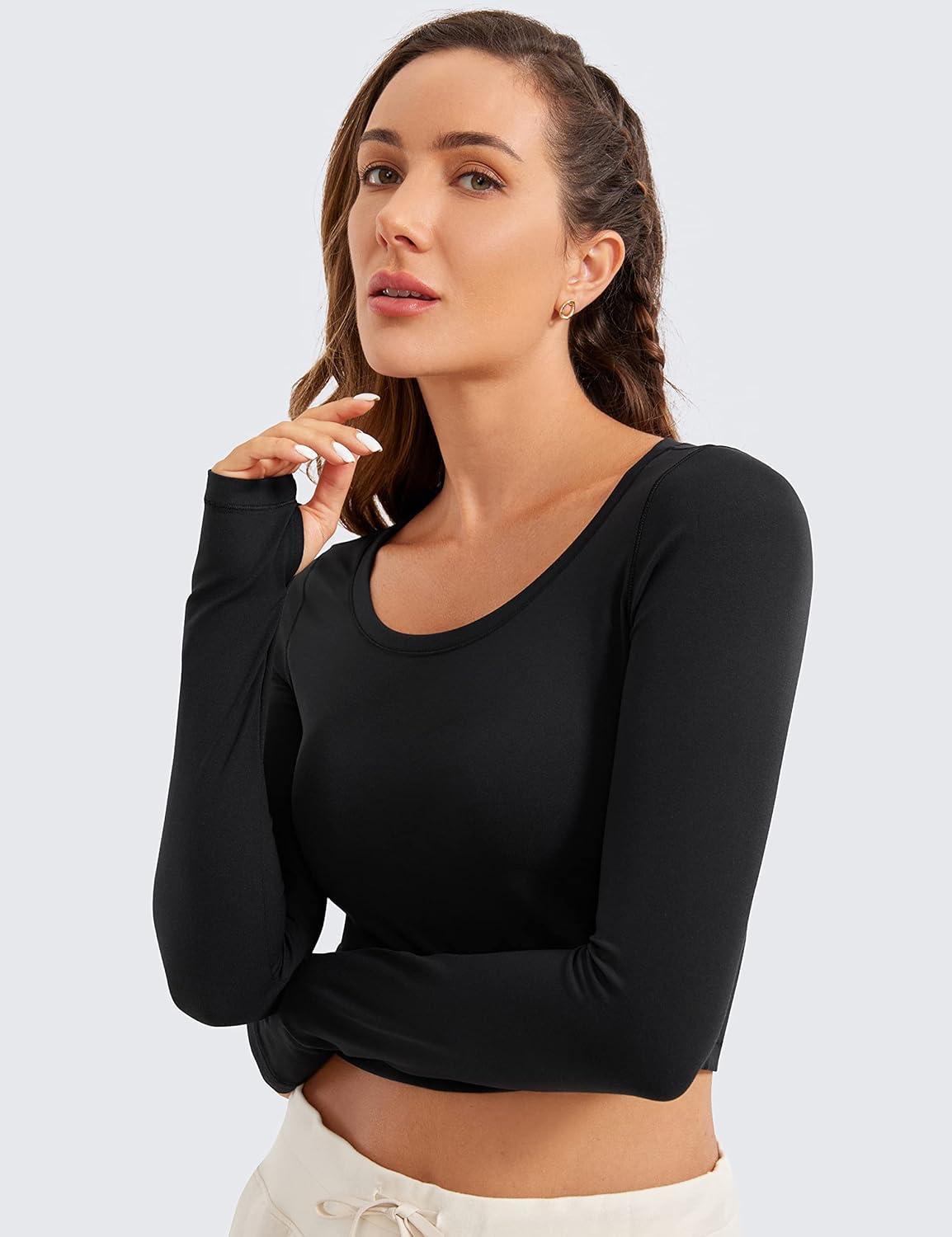 imageCRZ YOGA Butterluxe Long Sleeve Crop Tops for Women Slim Fit Workout Shirts Cropped Athletic Gym TShirtsBlack