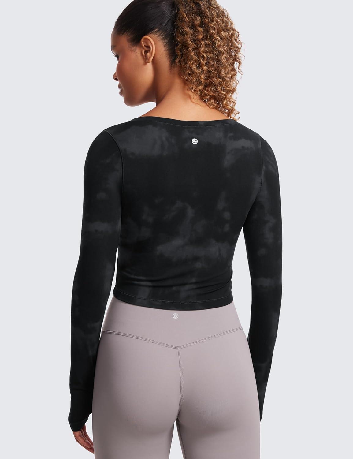 imageCRZ YOGA Butterluxe Long Sleeve Crop Tops for Women Slim Fit Workout Shirts Cropped Athletic Gym TShirtsBlack Tie Dye Flowers