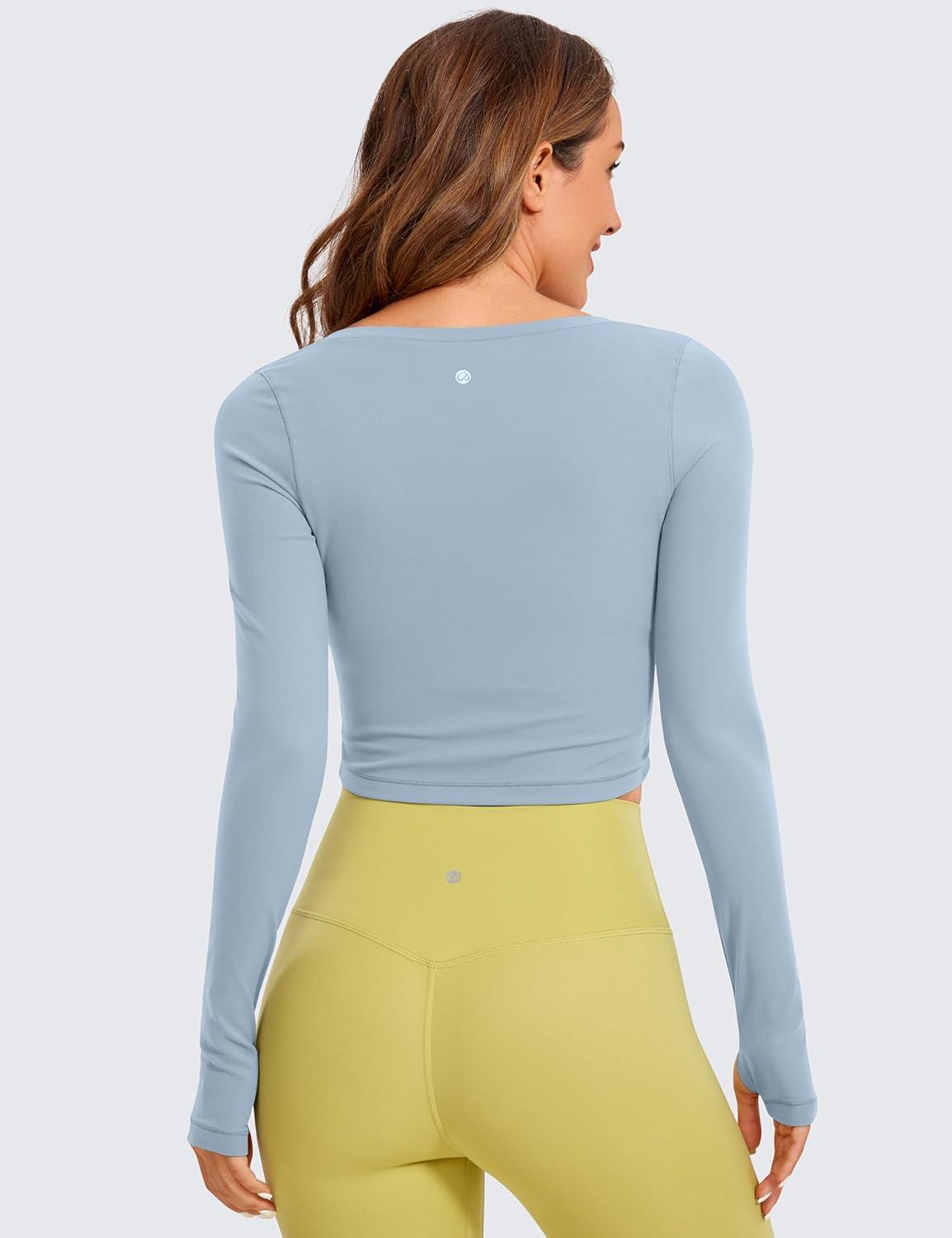 imageCRZ YOGA Butterluxe Long Sleeve Crop Tops for Women Slim Fit Workout Shirts Cropped Athletic Gym TShirtsCambric Blue
