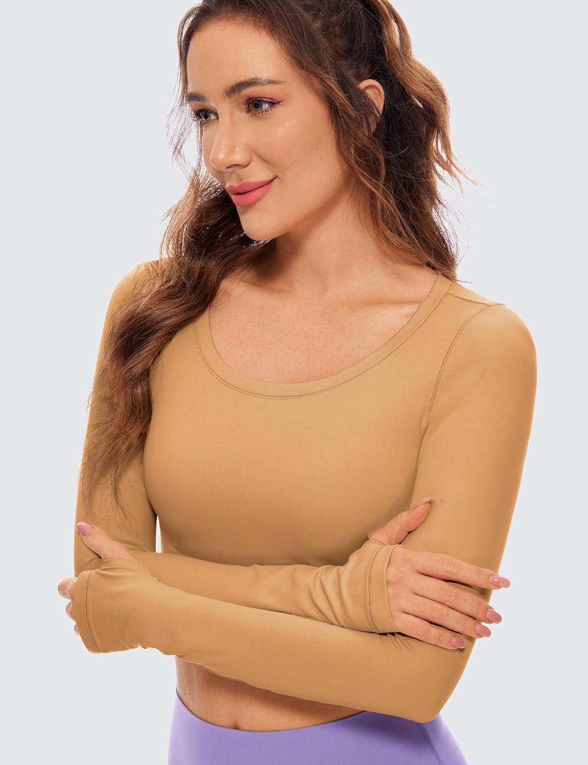 imageCRZ YOGA Butterluxe Long Sleeve Crop Tops for Women Slim Fit Workout Shirts Cropped Athletic Gym TShirtsDoe Brown