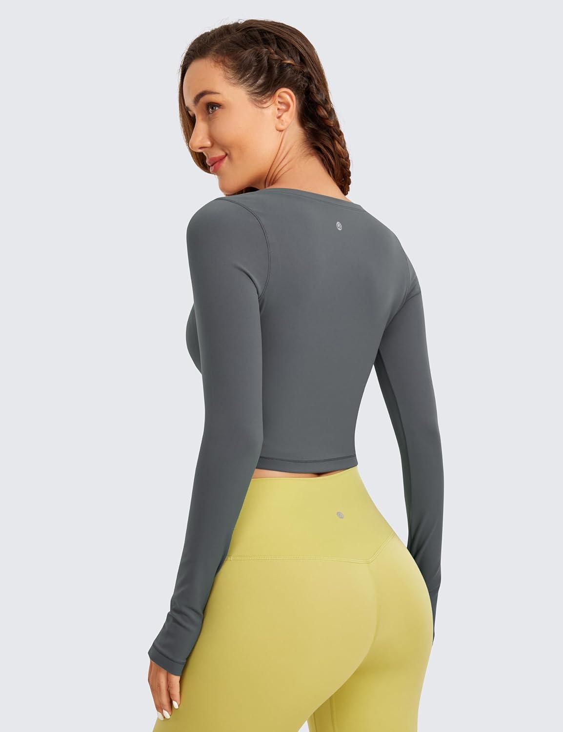 imageCRZ YOGA Butterluxe Long Sleeve Crop Tops for Women Slim Fit Workout Shirts Cropped Athletic Gym TShirtsLava Smoke Grey