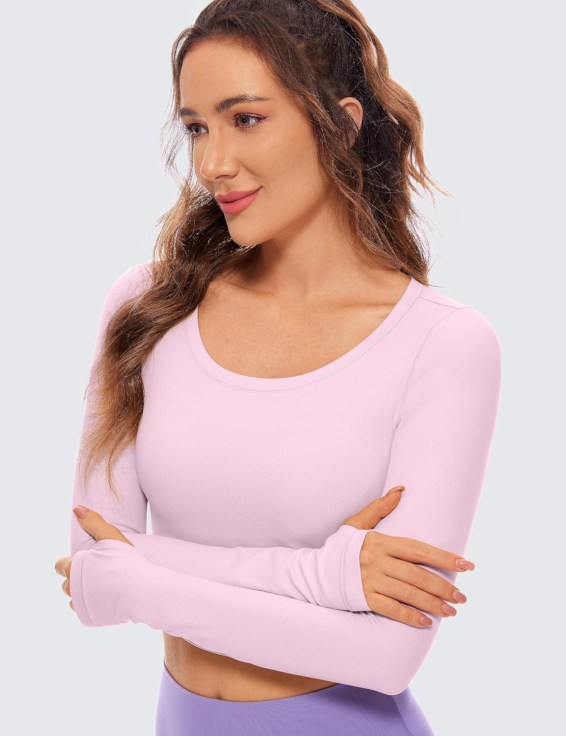 imageCRZ YOGA Butterluxe Long Sleeve Crop Tops for Women Slim Fit Workout Shirts Cropped Athletic Gym TShirtsPink Peony