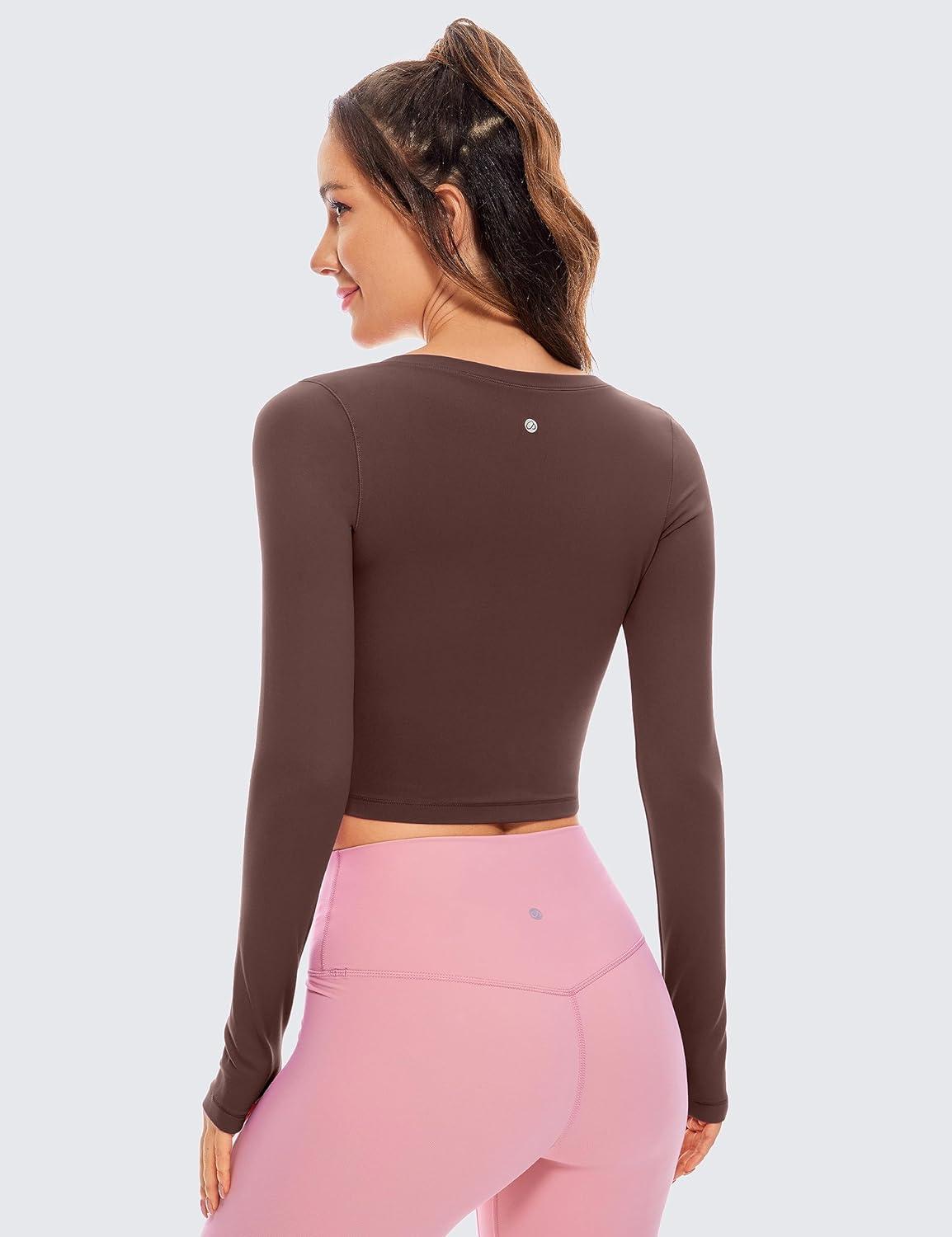 imageCRZ YOGA Butterluxe Long Sleeve Crop Tops for Women Slim Fit Workout Shirts Cropped Athletic Gym TShirtsTaupe