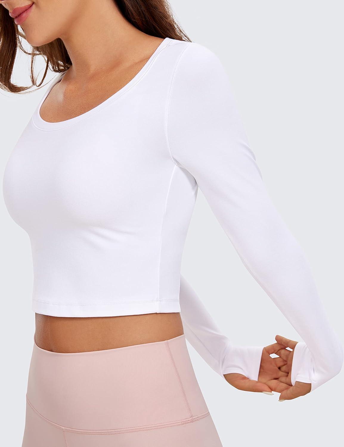 imageCRZ YOGA Butterluxe Long Sleeve Crop Tops for Women Slim Fit Workout Shirts Cropped Athletic Gym TShirtsWhite