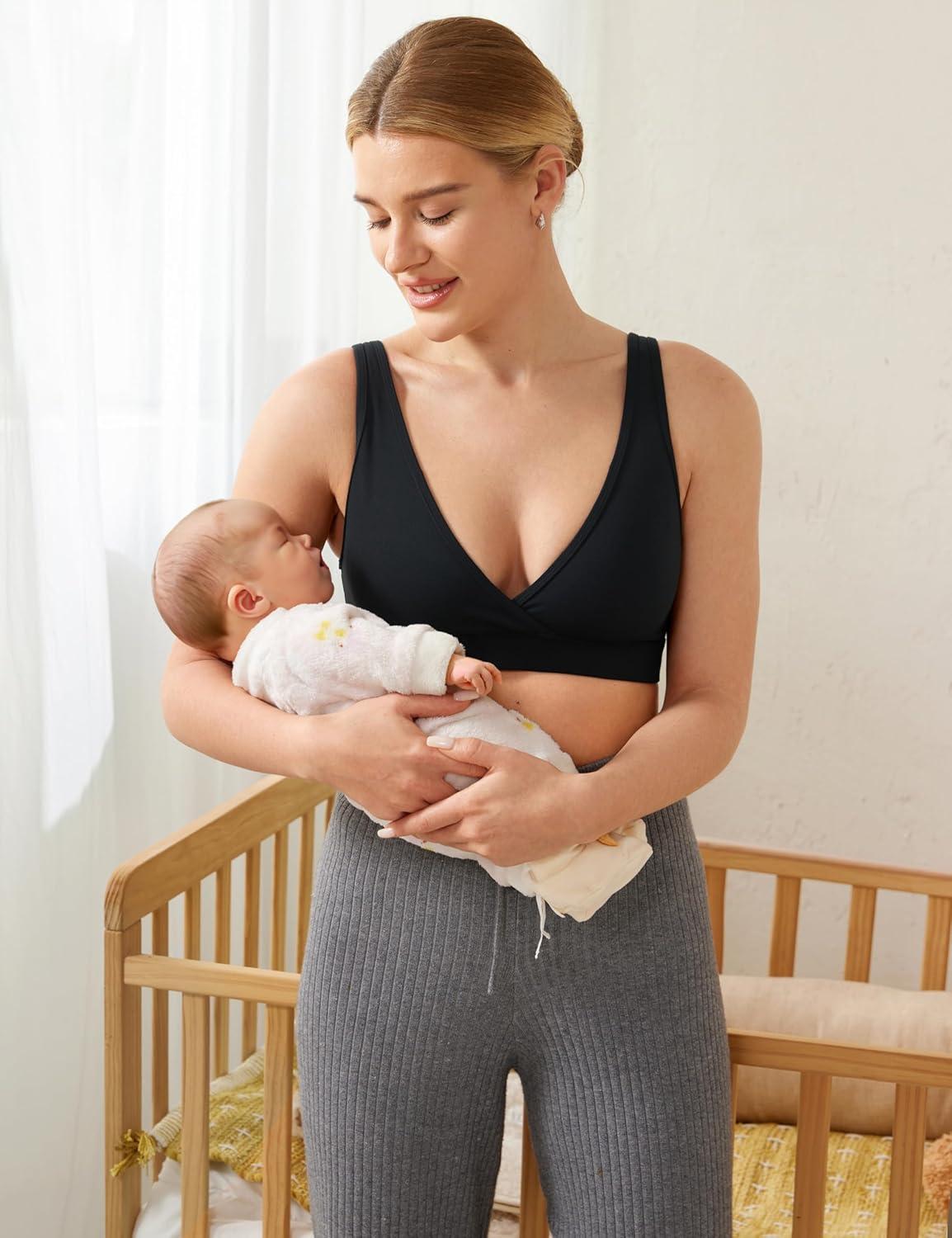 imageCRZ YOGA Butterluxe Maternity V Neck Nursing Bras Wireless Sleep Breastfeeding Lounge Womens Pregnancy Bralette ComfyBlack