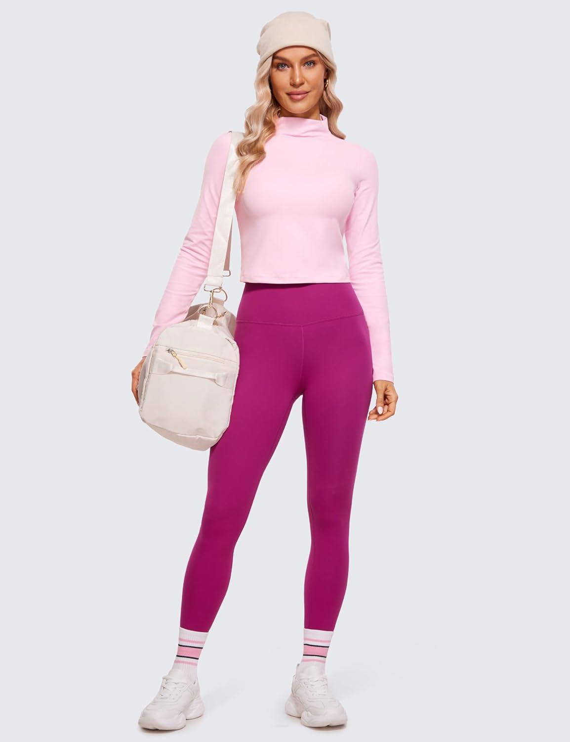 imageCRZ YOGA Butterluxe Mock Neck Long Sleeve Shirts for Women Workout Casual Tops Turtleneck Crop Slim Fall Base LayerPink Peony
