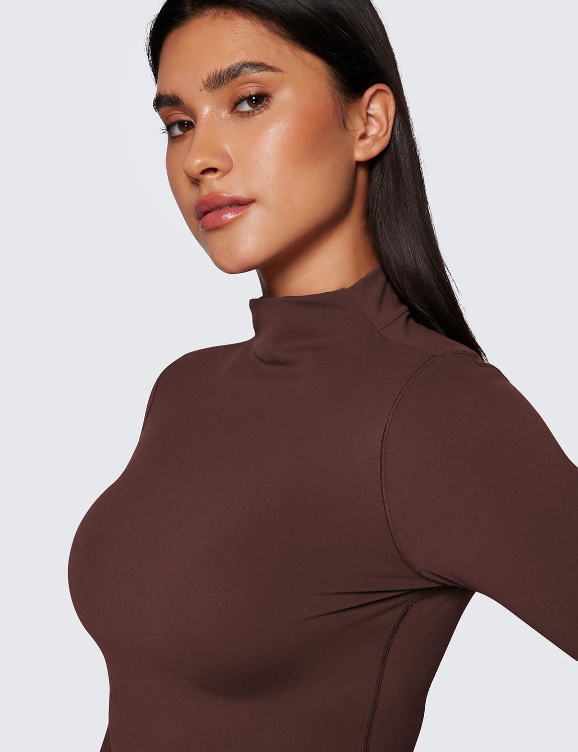 imageCRZ YOGA Butterluxe Mock Neck Long Sleeve Shirts for Women Workout Casual Tops Turtleneck Crop Slim Fall Base LayerTaupe