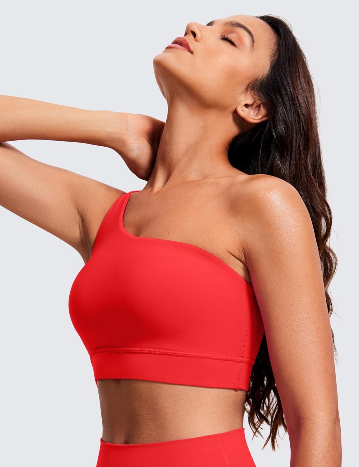 imageCRZ YOGA Butterluxe One Shoulder Sports Bras for Women Sleeveless One Strap Low Impact Asymmetrical Workout Yoga TopsDeep Red