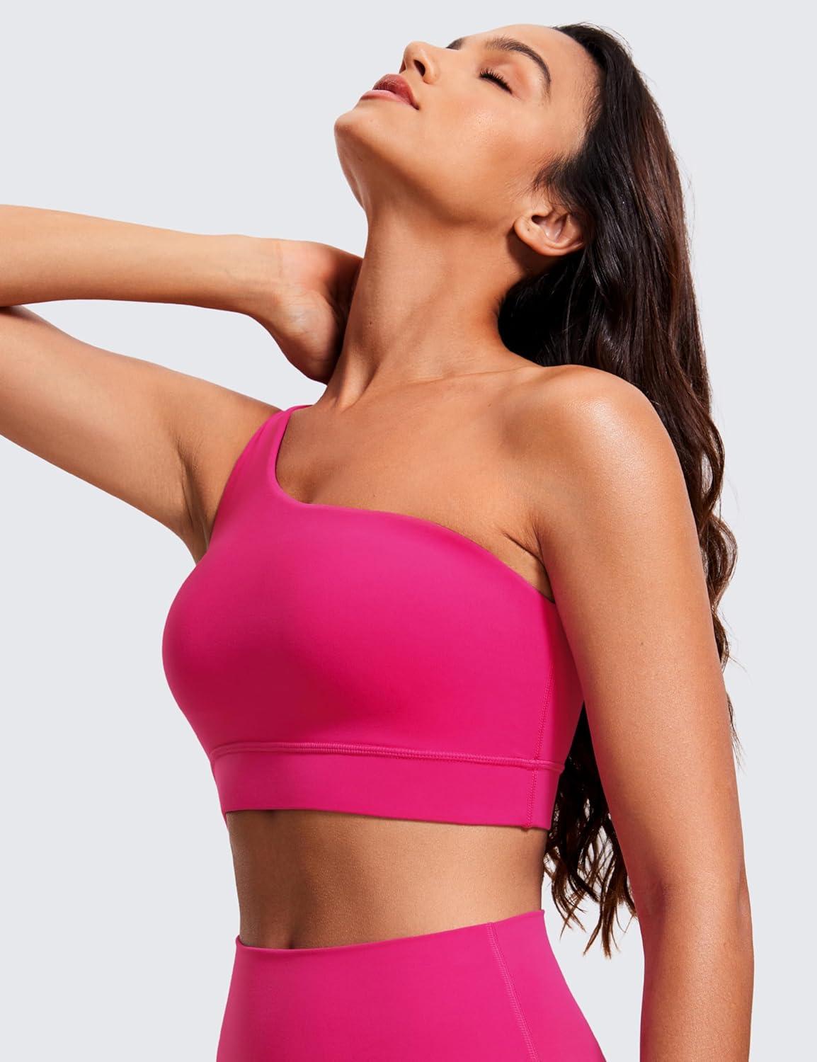 imageCRZ YOGA Butterluxe One Shoulder Sports Bras for Women Sleeveless One Strap Low Impact Asymmetrical Workout Yoga TopsGranita Pink