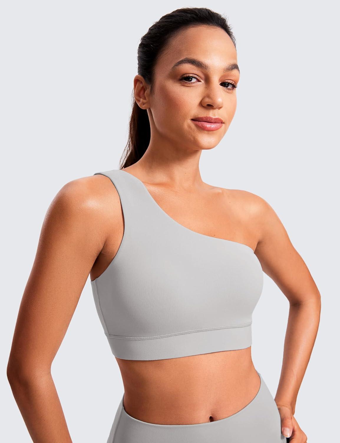 imageCRZ YOGA Butterluxe One Shoulder Sports Bras for Women Sleeveless One Strap Low Impact Asymmetrical Workout Yoga TopsGull Gray