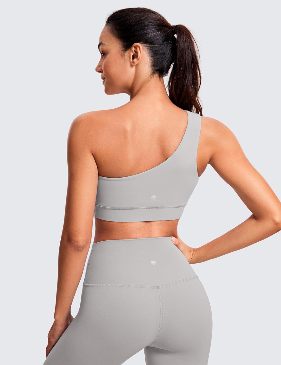 imageCRZ YOGA Butterluxe One Shoulder Sports Bras for Women Sleeveless One Strap Low Impact Asymmetrical Workout Yoga TopsGull Gray
