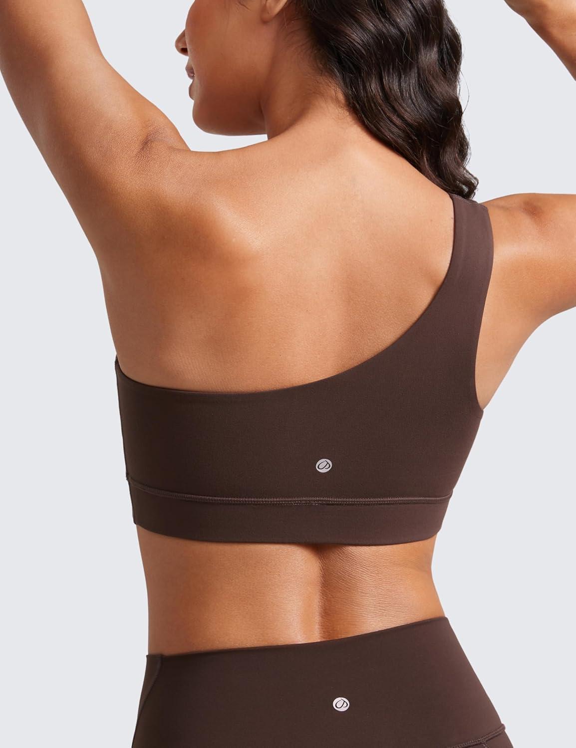 imageCRZ YOGA Butterluxe One Shoulder Sports Bras for Women Sleeveless One Strap Low Impact Asymmetrical Workout Yoga TopsHot Fudge Brown