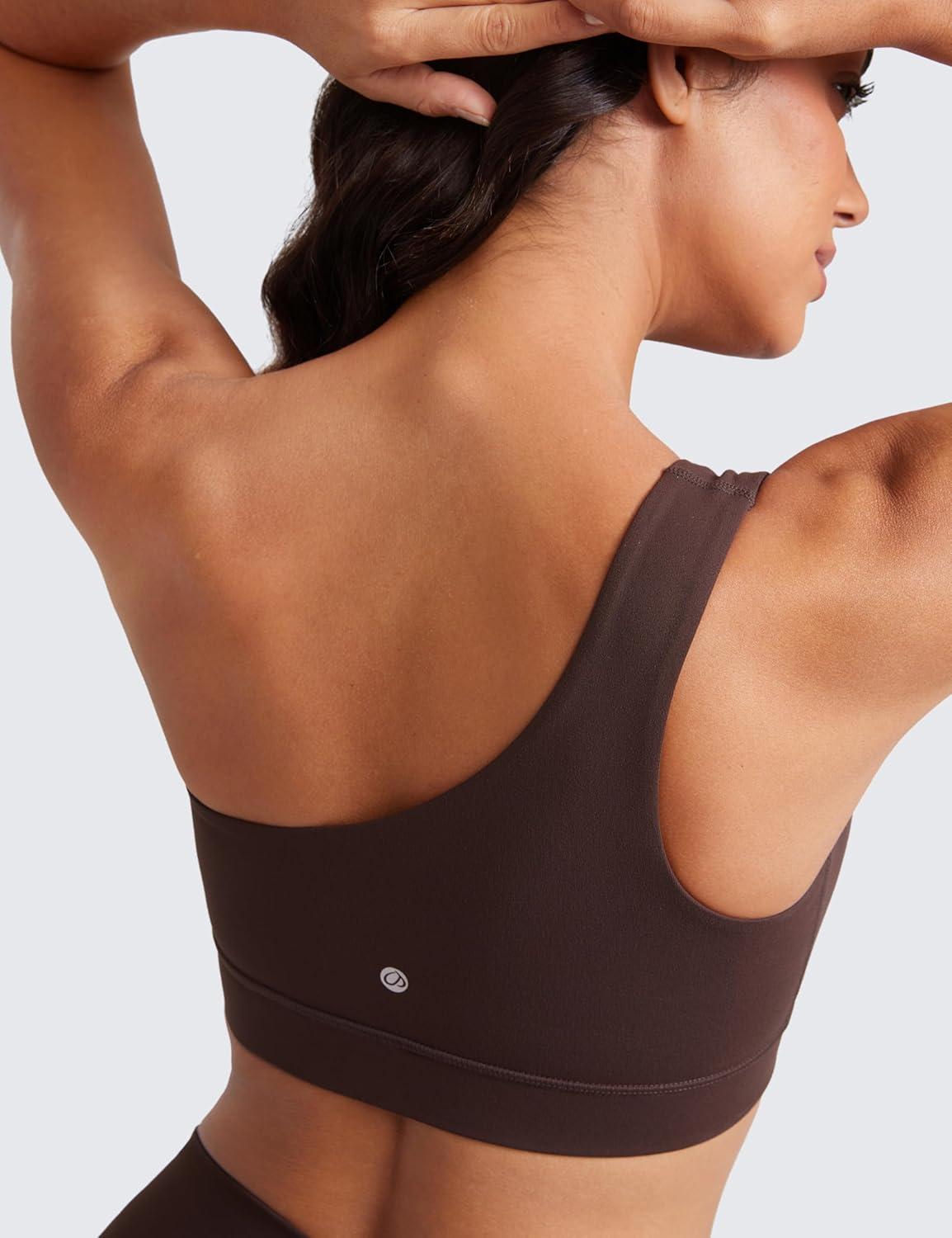 imageCRZ YOGA Butterluxe One Shoulder Sports Bras for Women Sleeveless One Strap Low Impact Asymmetrical Workout Yoga TopsHot Fudge Brown