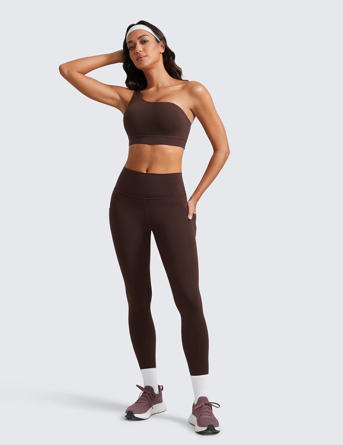 imageCRZ YOGA Butterluxe One Shoulder Sports Bras for Women Sleeveless One Strap Low Impact Asymmetrical Workout Yoga TopsHot Fudge Brown