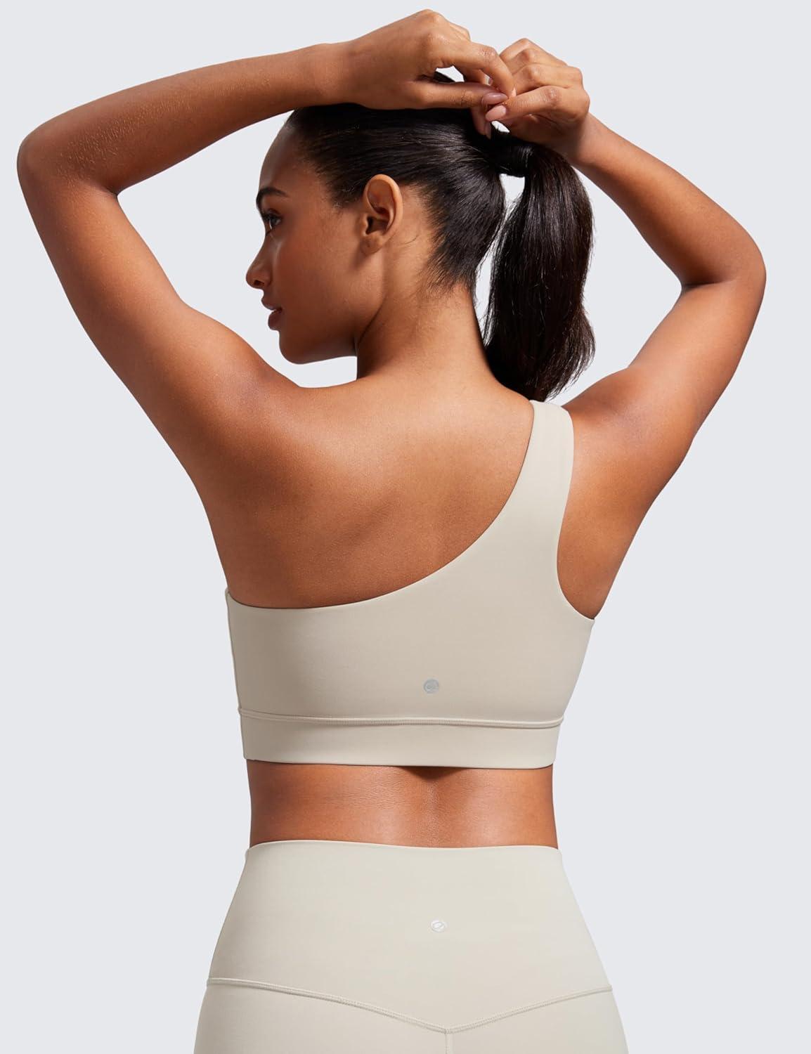 imageCRZ YOGA Butterluxe One Shoulder Sports Bras for Women Sleeveless One Strap Low Impact Asymmetrical Workout Yoga TopsMojave Tan