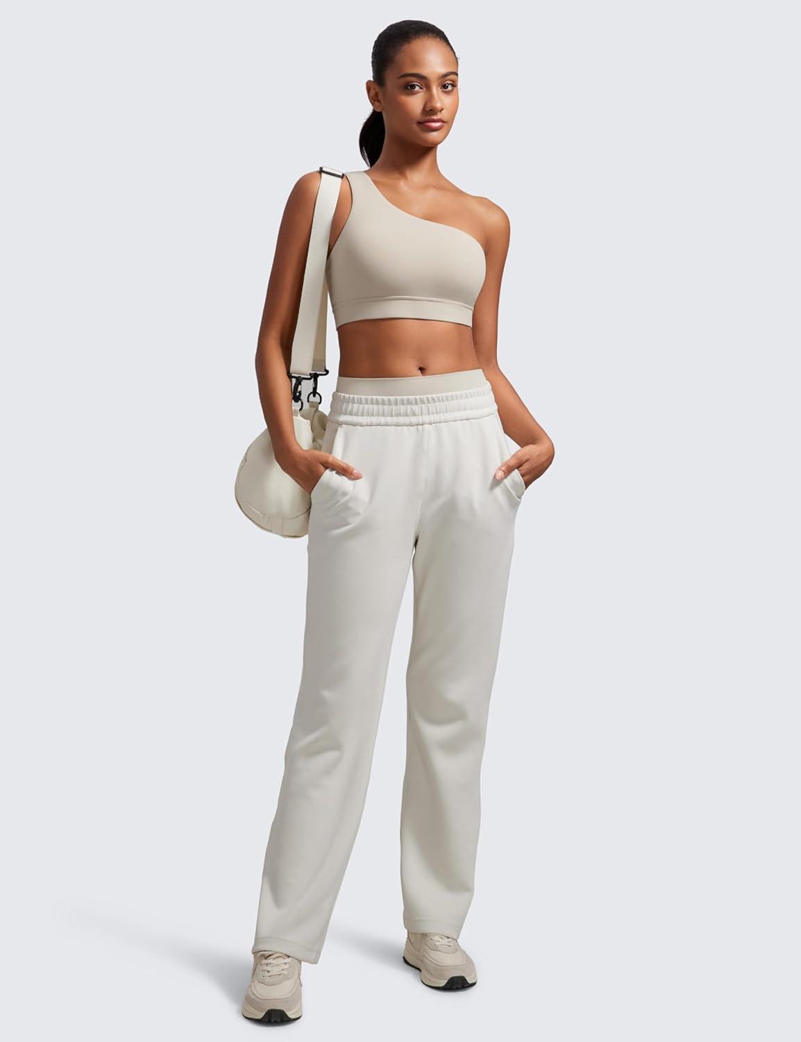 imageCRZ YOGA Butterluxe One Shoulder Sports Bras for Women Sleeveless One Strap Low Impact Asymmetrical Workout Yoga TopsMojave Tan